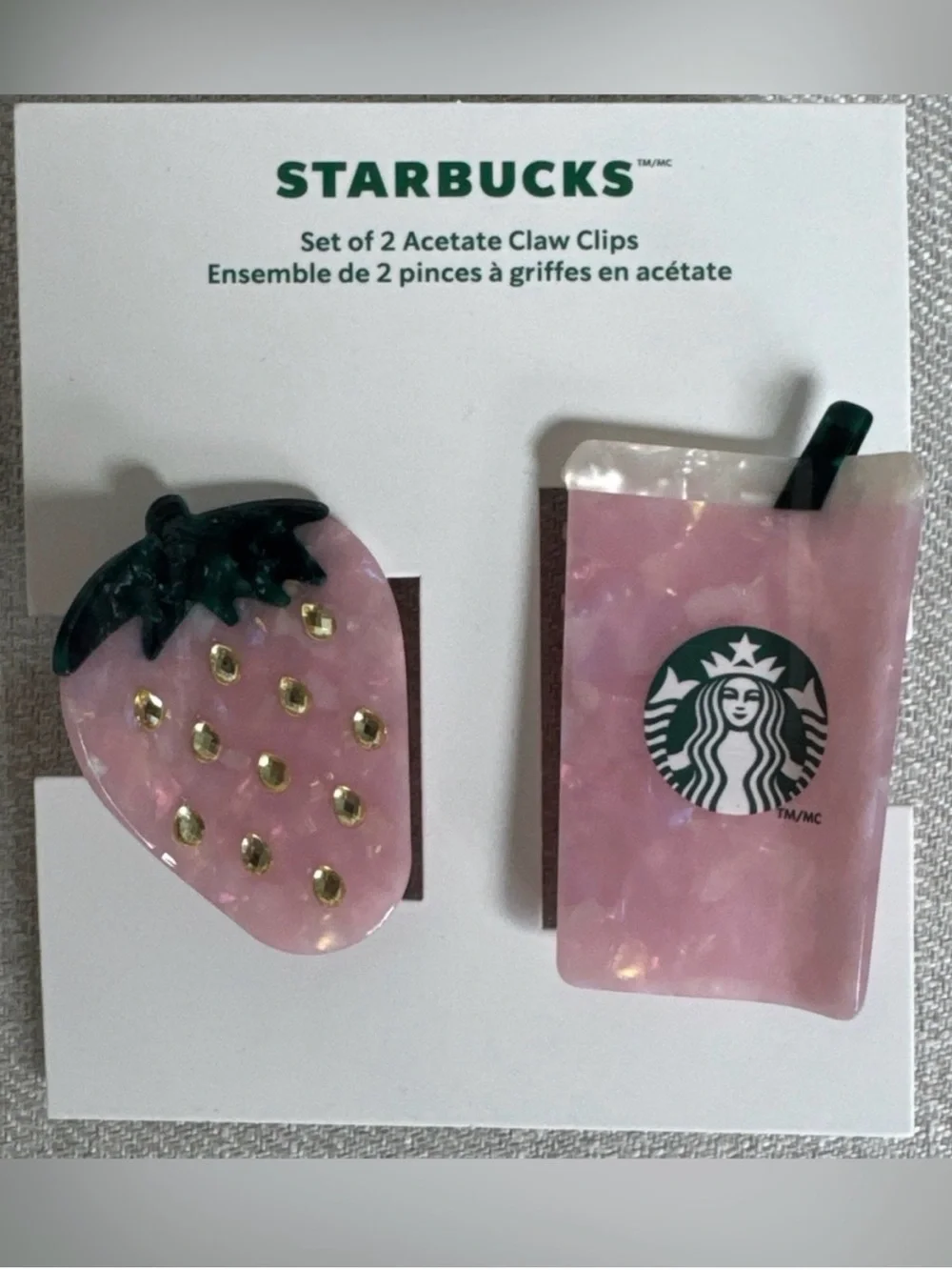 Starbucks Pink Acetate Strawberry & Cup Hair Claw Clips Set